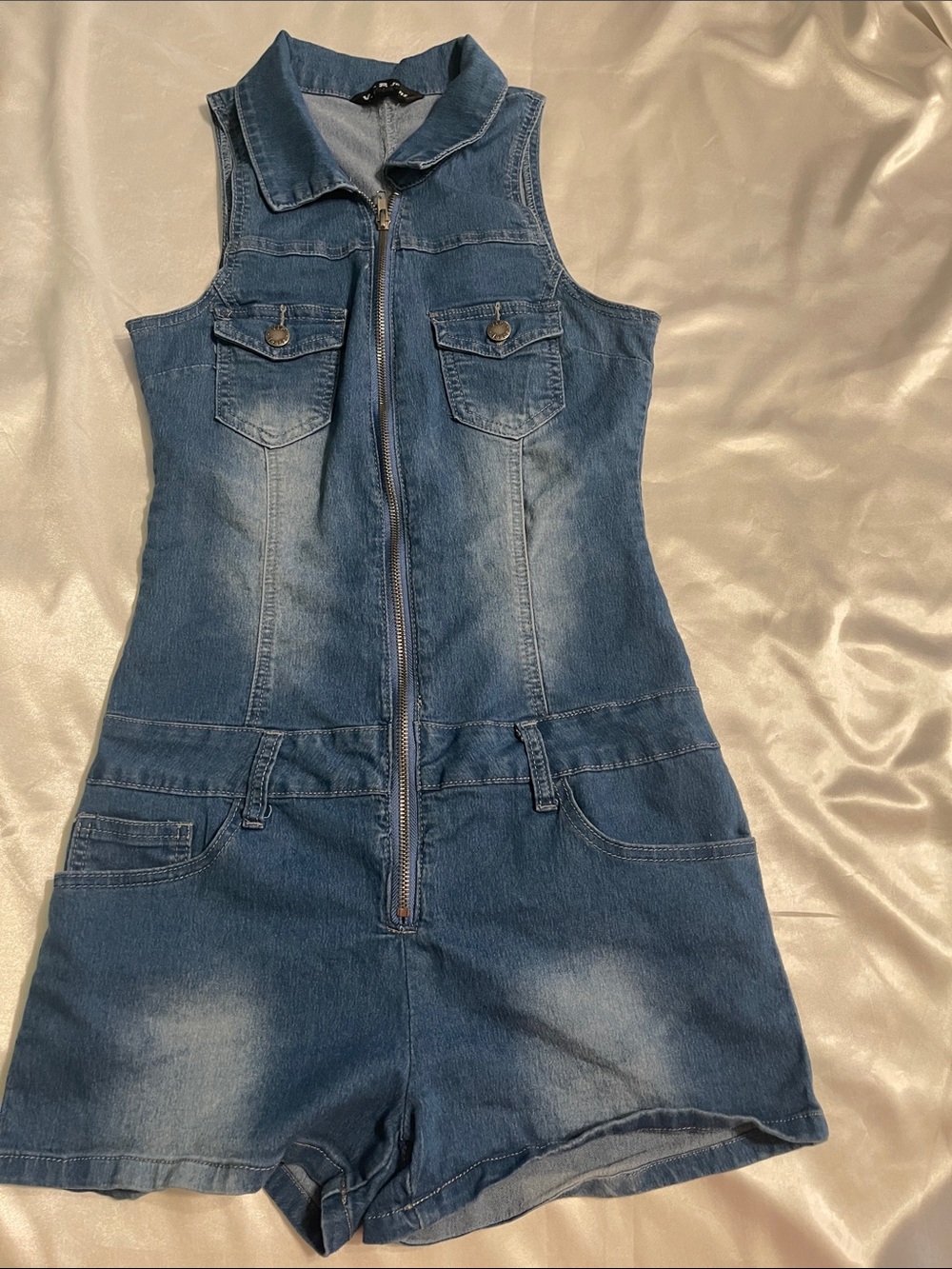 Denim Zip-Front Sleeveless Romper Shorts - Blue